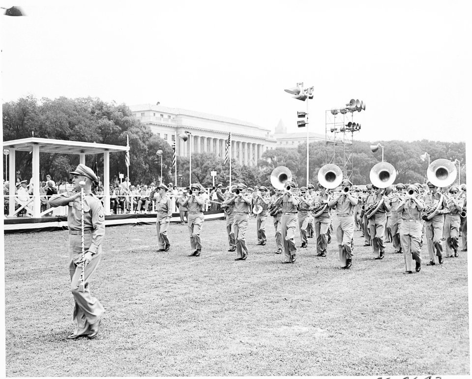 President Truman attends ceremonies celebrating the 100th anniversary of the Washington Monument. President Truman is... - NARA - 199841