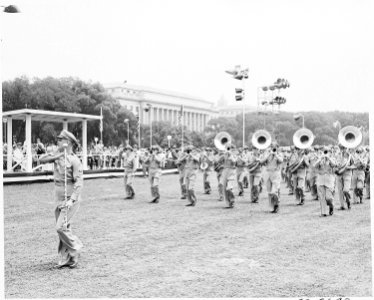 President Truman attends ceremonies celebrating the 100th anniversary of the Washington Monument. President Truman is... - NARA - 199841