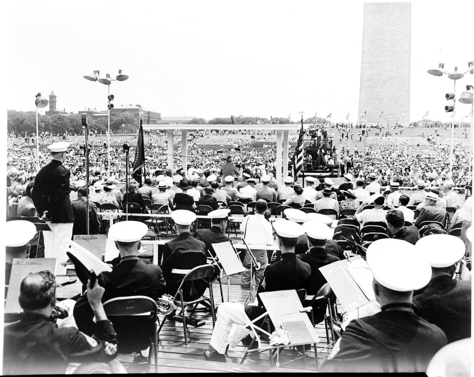 President Truman attends ceremonies celebrating the 100th anniversary of the Washington Monument. This view is of the... - NARA - 199854