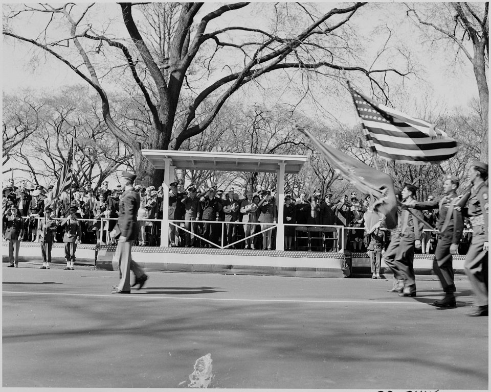 President Truman at reviewing stand watching parade on Army Day in Washington, D. C. - NARA - 199601