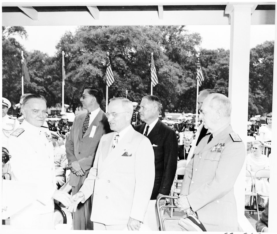 President Truman attends ceremonies celebrating the 100th anniversary of the Washington Monument. President Truman is... - NARA - 199840