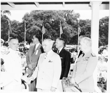 President Truman attends ceremonies celebrating the 100th anniversary of the Washington Monument. President Truman is... - NARA - 199840