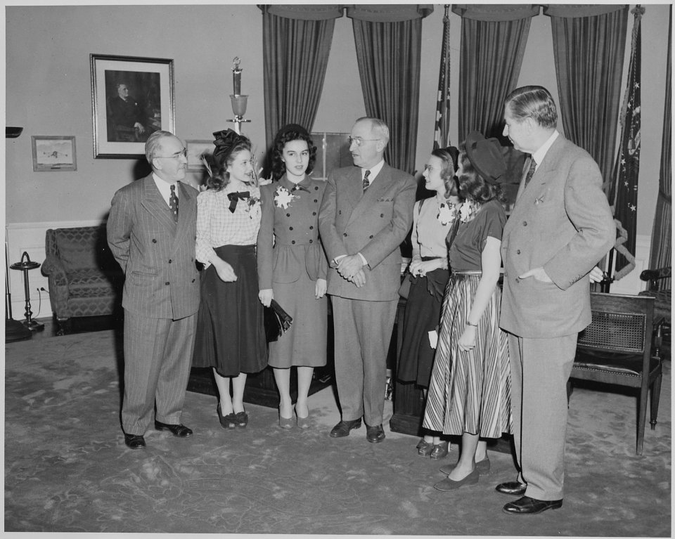 President Truman greets winners of the Voice of Democracy contest. L to R, Dr. John W. Studebaker, Janet Gerster... - NARA - 199641