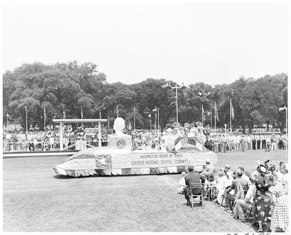 President Truman attends ceremonies celebrating the 100th anniversary of the Washington Monument. He is in the... - NARA - 199850