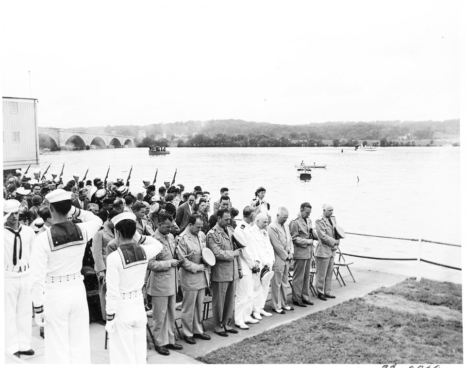 President Truman attends Memorial Day service for war dead at Water Gate. He is third from the right in the first row. - NARA - 199858