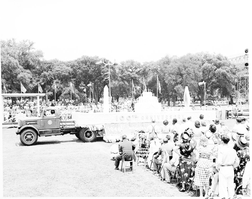 President Truman attends ceremonies celebrating the 100th anniversary of the Washington Monument. President Truman is... - NARA - 199847