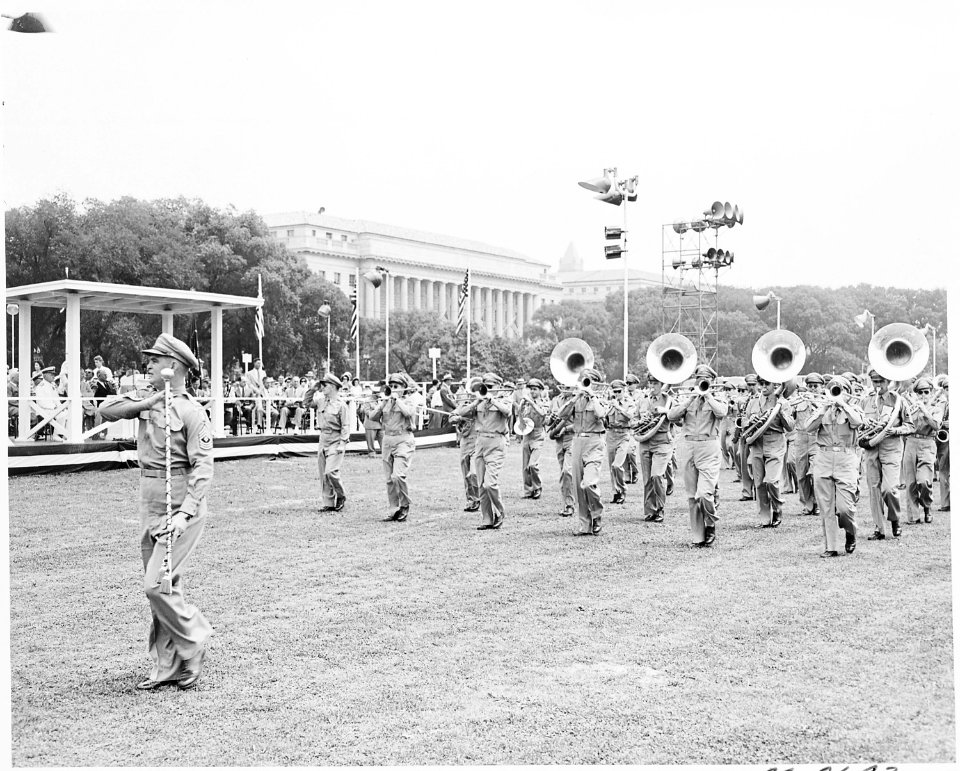 President Truman attends ceremonies celebrating the 100th anniversary of the Washington Monument. President Truman is... - NARA - 199841