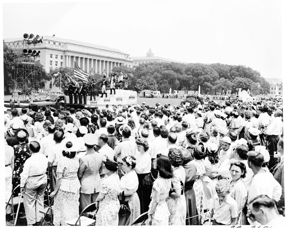 President Truman attends ceremonies celebrating the 100th anniversary of the Washington Monument. This view shows the... - NARA - 199849