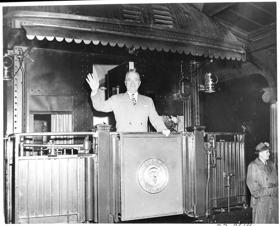 President Truman on the rear platform of the presidential train as he is leaving on his western trip for the west coast. - NARA - 199804