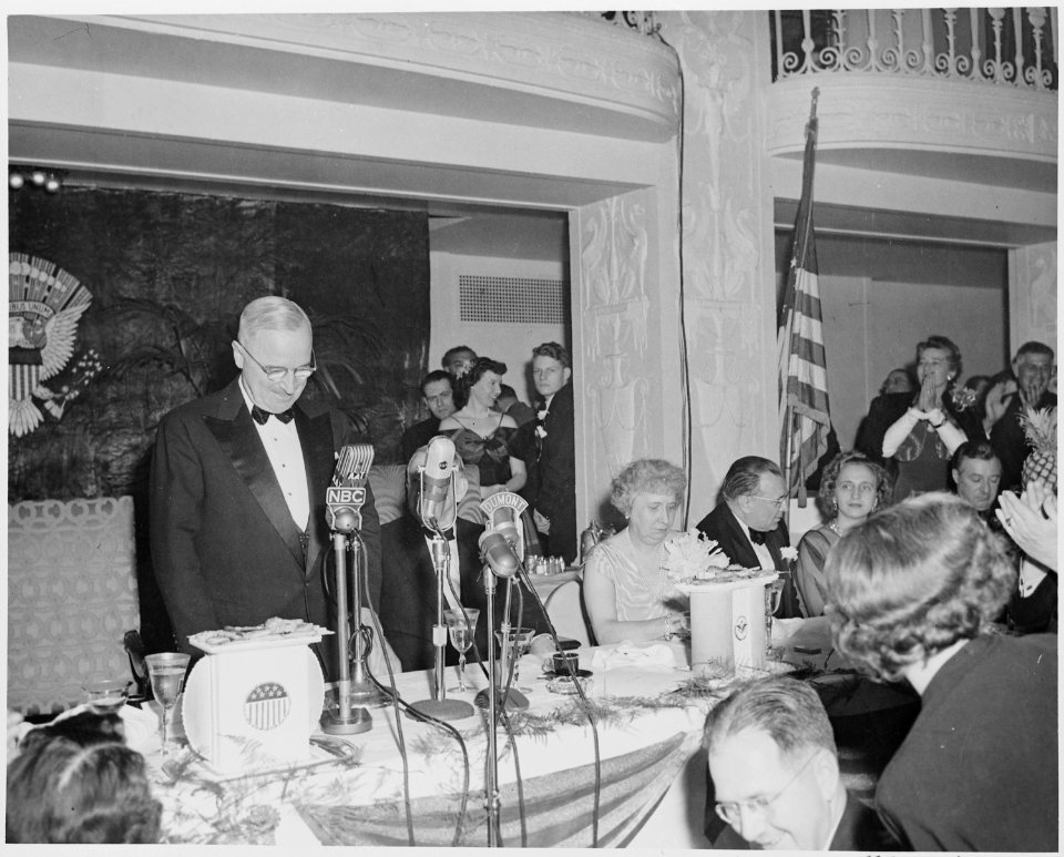 President Truman standing at microphone at the dinner honoring him and Vice President Alben Barkley at the Mayflower... - NARA - 200015