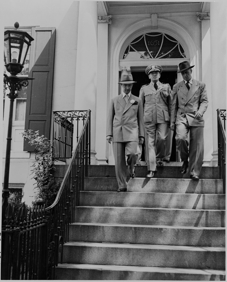 Prince Abdul Ilah of Iraq and two other men, walking down the steps of Blair House. - NARA - 199095