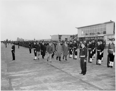 President Truman and President Prio Socarras of Cuba review troops in ceremony upon the arrival of President Socarras... - NARA - 200028 photo