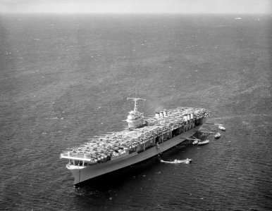 Ranger (CV4). Aerial, port bow, aircraft on deck, 04-08-1938 - NARA - 520732