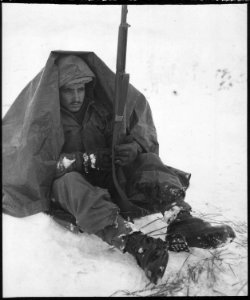 Private First Class Preston McKnight, 19th Infantry Regiment, uses his poncho to get protection from the biting wind... - NARA - 531396 photo