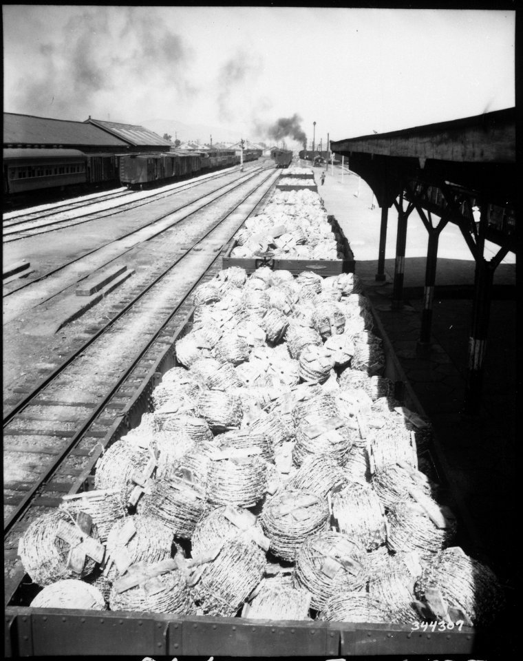 Railroad cars loaded with barbed wire at Taegu RTO (Railway Transportation Office), Korea. - NARA - 531363