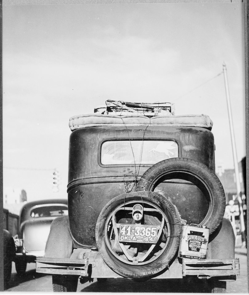 Rear view of an Okie's car, passing through Amarillo, Texas, on its way west, 1941 - NARA - 532820