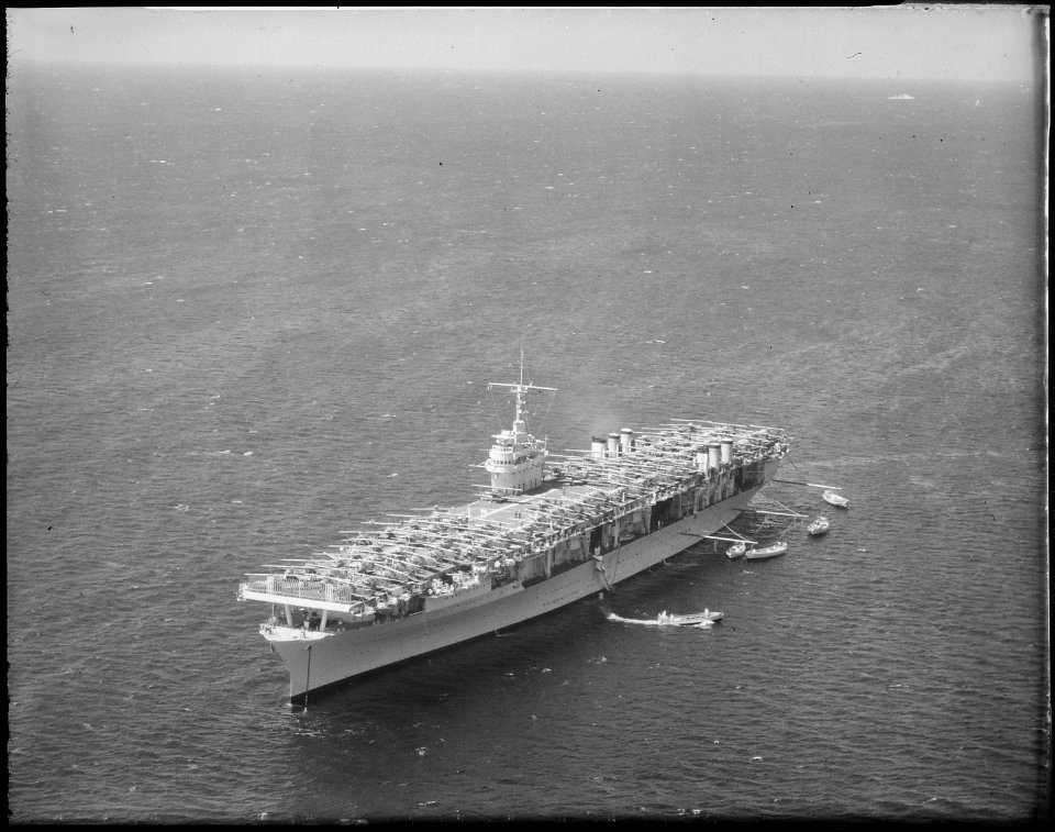 Ranger (CV4). Aerial, port bow, aircraft on deck - NARA - 520732