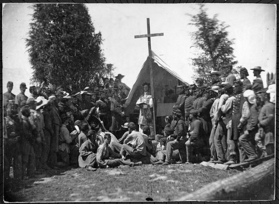 Religious services in camp, Catholic. Probably 69th New York State Militia. Mathew Brady Collection., ca. 1897 - ca. 189 - NARA - 533114