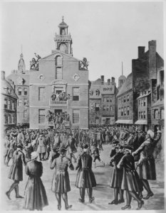 Reading of the Declaration of Independence from the East balcony of the Old State House, Boston, Massachusetts July 18, - NARA - 532942 photo