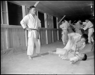 Rohwer Relocation Center, McGehee, Arkansas. A Judo class. Classes are held every afternoon and ev . . . - NARA - 538943