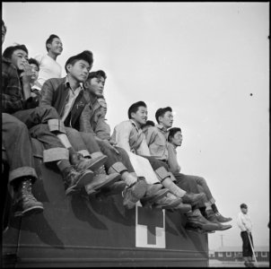 Rohwer Relocation Center, McGehee, Arkansas. A tense moment in a football game between Stockton and . . . - NARA - 539139