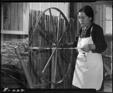 Rohwer Relocation Center, McGehee, Arkansas. A first generation mother learning to spin an old fash . . . - NARA - 538989
