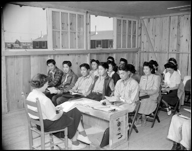 Rohwer Relocation Center, McGehee, Arkansas. Miss Elaine Simpson, teacher. The Latin Class, 10-A. - NARA - 538950