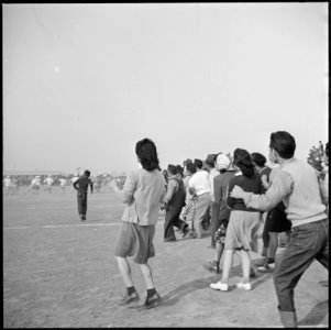 Rohwer Relocation Center, McGehee, Arkansas. The crowd breaks the line during a tense moment of a f . . . - NARA - 538921