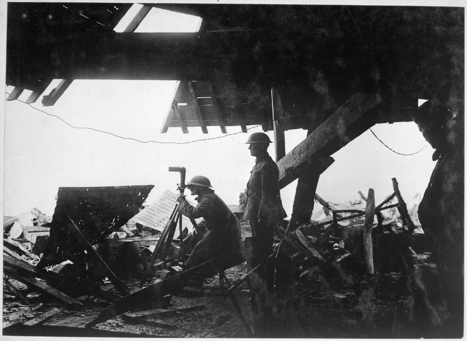 Roof of Crown Prince's observatory, showing holes made by German shells. Americans using observation instruments left... - NARA - 530772