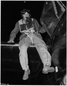 Returning from his 2nd combat mission over Korea, Capt. Donald R. DeFoe, pilot from 21519 Kingsville, Detroit, Mich.... - NARA - 542353 photo