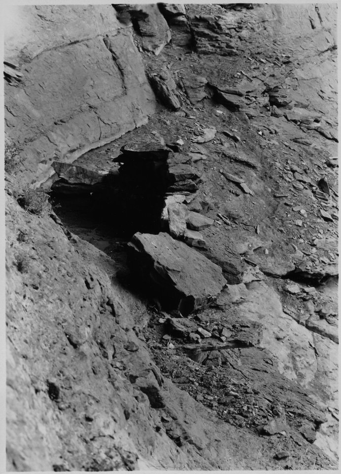 Ruins of Indian Granary near Weeping Rock. A similar one was restored by Mr. Hall's scouts in an adjoining cave. - NARA - 520569