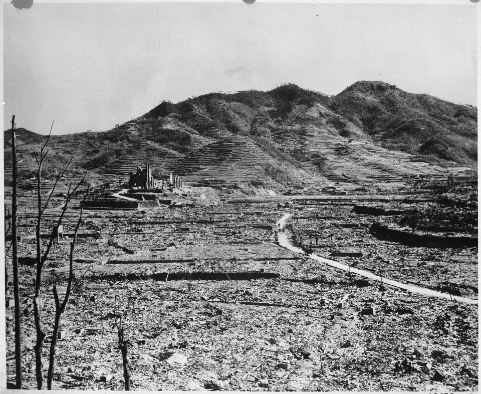 Roman Catholic Cathedral in background on hill, Nagasaki, circa 1945. - NARA - 519387