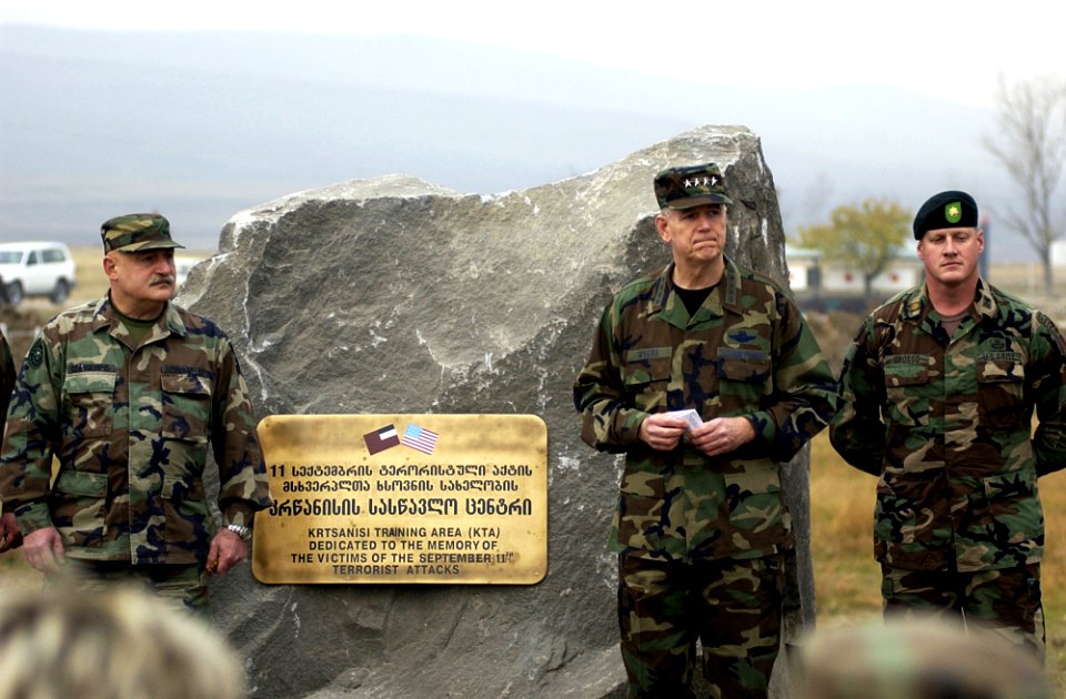Richard B. Myers and David Tevzadze speak at a dedication dedication ceremony held to honor all of the victims of the September 11th terrorist attack (Krtsanisi, Georgia. Nov 25, 2002)