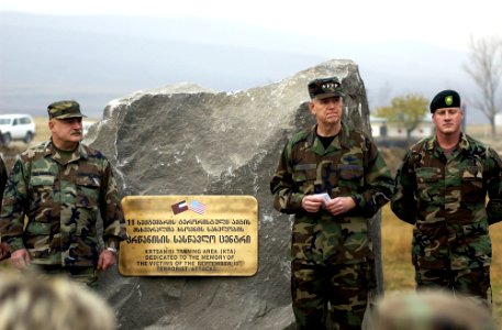 Richard B. Myers and David Tevzadze speak at a dedication dedication ceremony held to honor all of the victims of the September 11th terrorist attack (Krtsanisi, Georgia. Nov 25, 2002)
