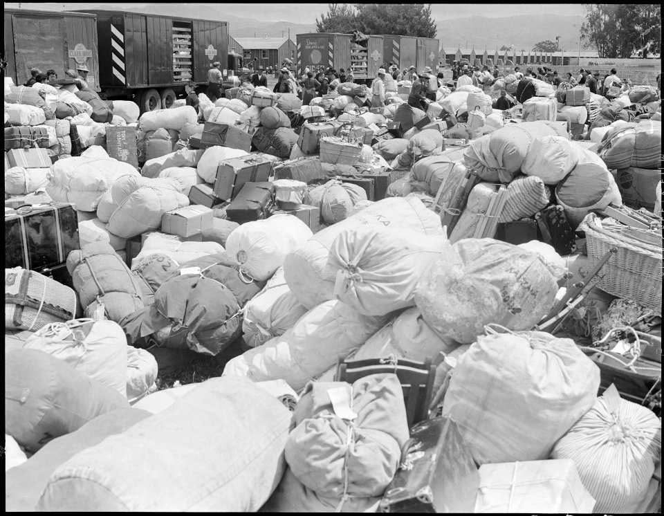 Salinas, California. Baggage belonging to evacuees of Japanese ancestry at Assembly center prior to . . . - NARA - 536166