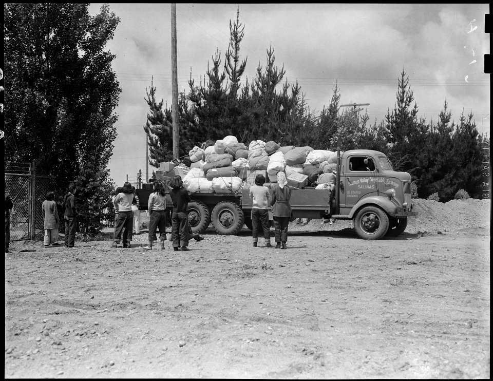 Salinas, California. Baggage belonging to evacuees of Japanese ancestry is brought in by truck to t . . . - NARA - 536165