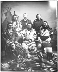 Salish, Flathead Delegation l-r standing, John, unknown, Michel, sitting, Antonio, Charlot, Louis, lying down... - NARA - 523866
