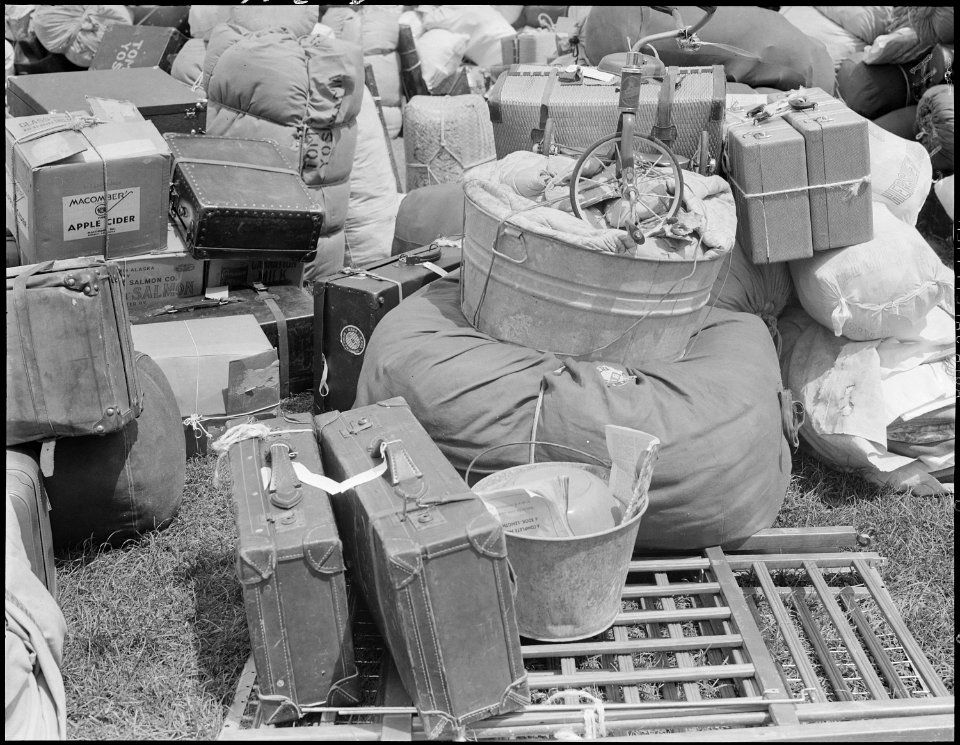Salinas, California. Baggage belonging to evacuees of Japanese ancestry has been brought to the pa . . . - NARA - 536170