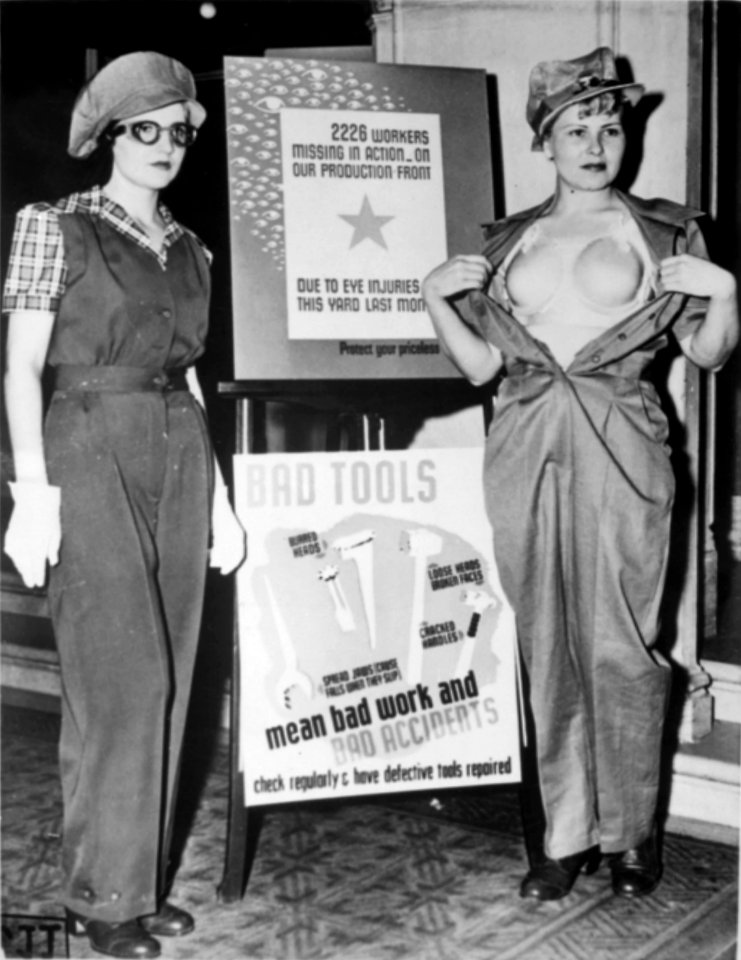 Safety garb for women workers. The uniform at the left, complete with the plastic bra on the right, will prevent... - NARA - 522882