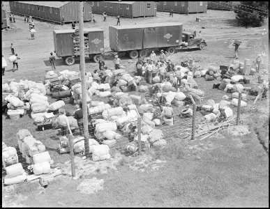 Salinas, California. This baggage belonging to evacuees of Japanese ancestry was brought in by truc . . . - NARA - 536160