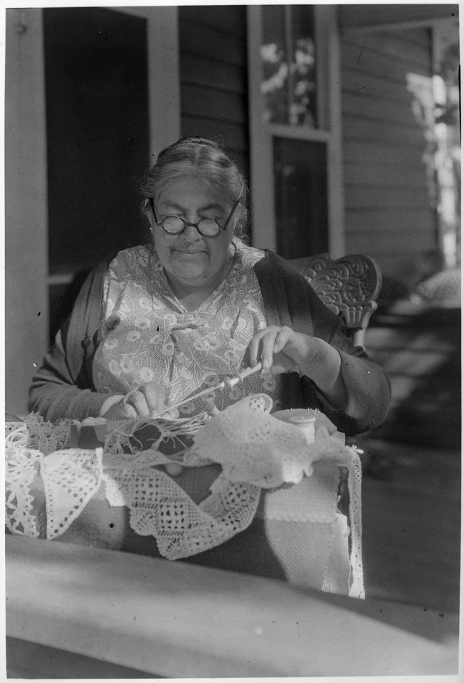 Salvadora Valensuelo, a Mission woman, making lace, Pala Mission, California, 1936 - NARA - 519157
