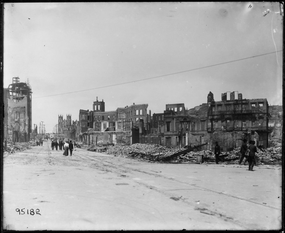 San Francisco Earthquake of 1906, Columbus Avenue looking north. The church in the distance is Saint Peter's and... - NARA - 531045