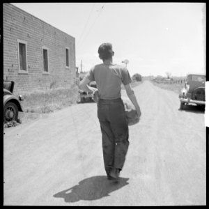 San Leandro, California. Youth on Relief. Taking home a sack of surplus commodities. On this day apples, oranges... - NARA - 532135 photo