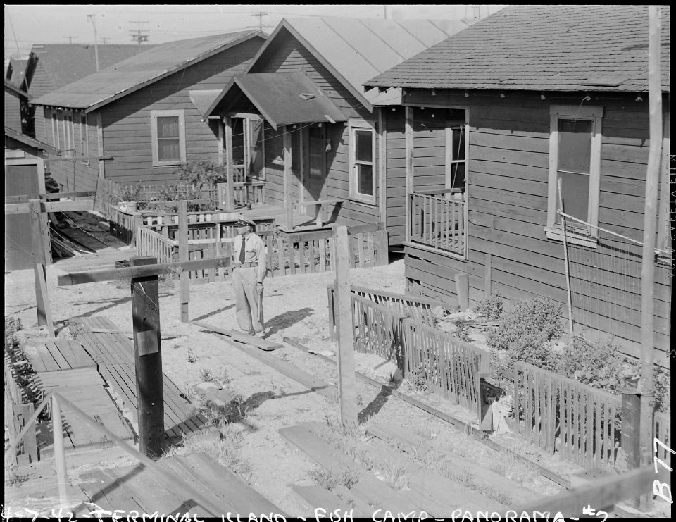 San Pedro, California. Former dwellings of fisherman of Japanese ancestry, situated on Terminal Isla . . . - NARA - 536826