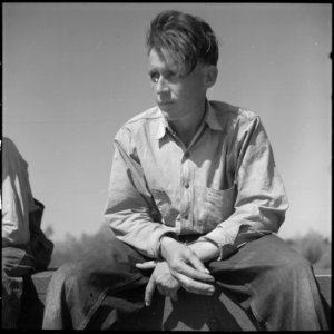 San Joaquin Valley, California. Contract Labor. From Oklahoma, 22 years old. With idle hands, he sits in the sun of... - NARA - 532162