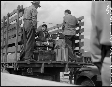 San Pedro, California. Trucks were jammed with suitcases, blankets, household equipment, garden too . . . - NARA - 536774 photo