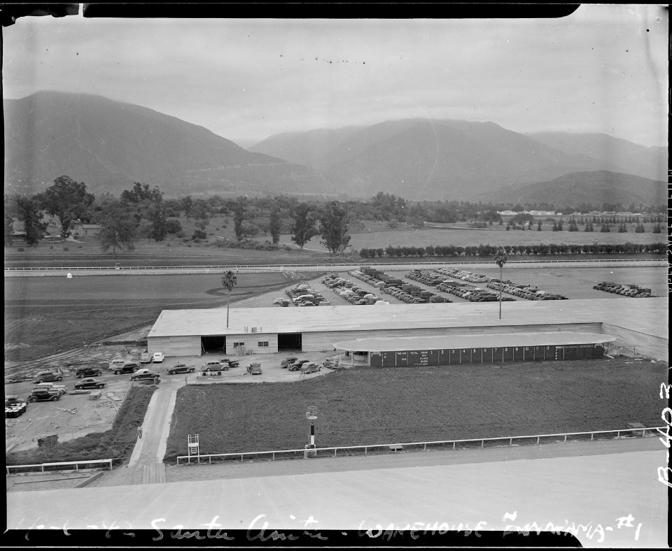 Santa Anita Assembly Center, Arcadia, California. Bird's-eye view of warehouse at Santa Anita assem . . . - NARA - 537030
