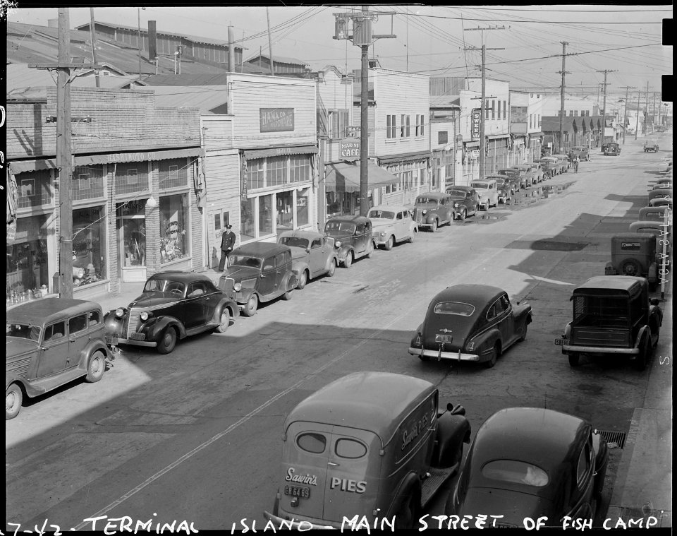 San Pedro, California. View of main street at Terminal Island in Los Angeles Harbor, California. A . . . - NARA - 536830 photo