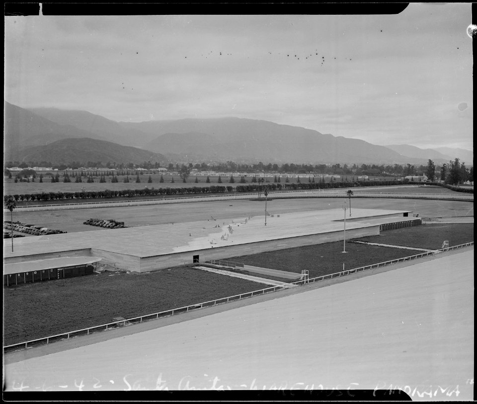 Santa Anita Assembly Center, Arcadia, California. Bird's-eye view of warehouse at Santa Anita Assem . . . - NARA - 537031