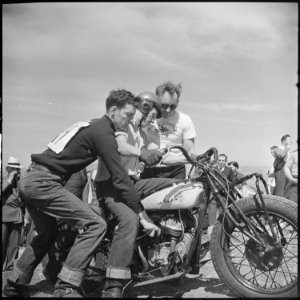Santa Clara County, California. Motorcycle and Hill Climb Recreation. His first hill climb. The fellow on the left is... - NARA - 532252